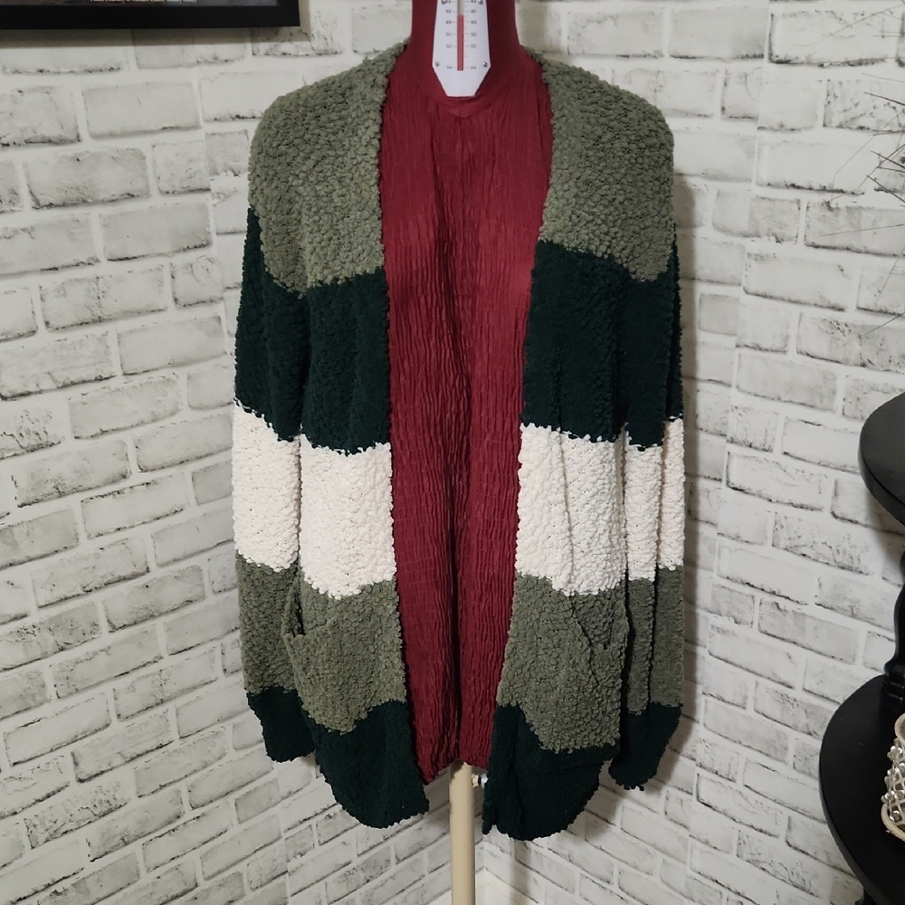 Zenana  SZ L Green Striped Cozy Cardigan